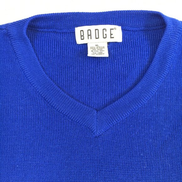 Badge Varsity V Neck Blue Yellow Long Sleeve Sweater - Picture 4 of 8